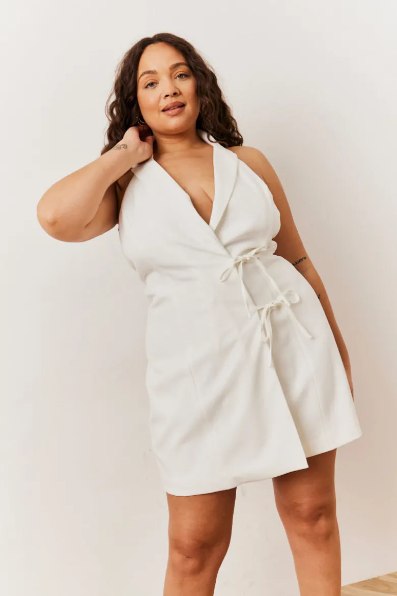 White Tailored Halterneck Mini Dress with Bow Detail