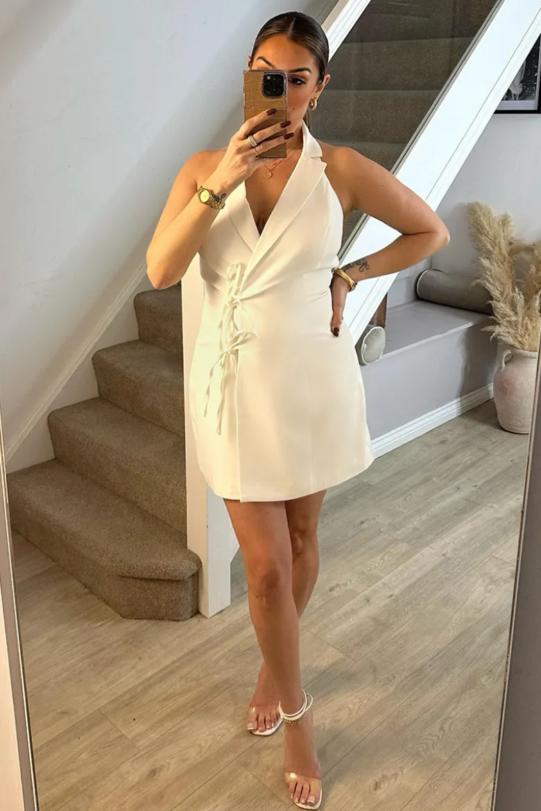 White Tailored Halterneck Mini Dress with Bow Detail