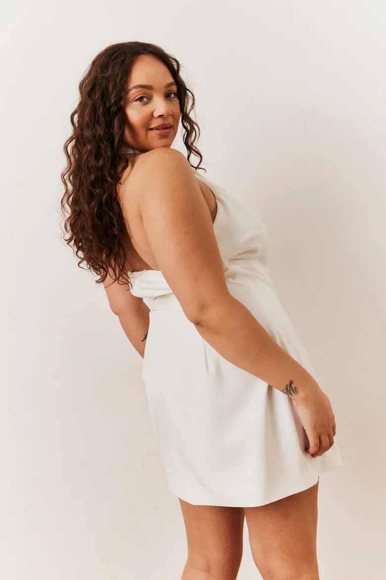 White Tailored Halterneck Mini Dress with Bow Detail