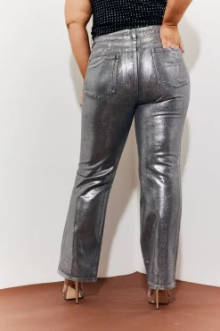 Wide Leg Silver Foil High Waisted Jeans