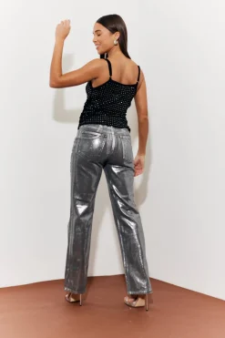 Wide Leg Silver Foil High Waisted Jeans