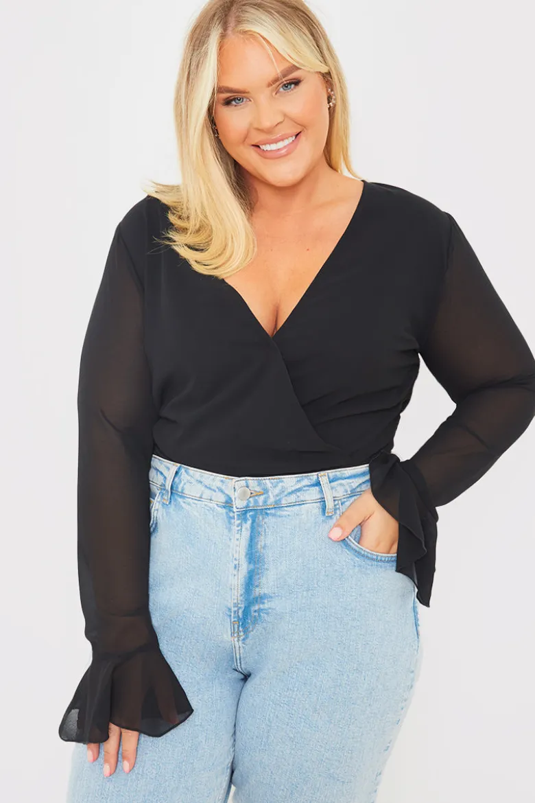 Wrap Front Flared Cuff Bodysuit