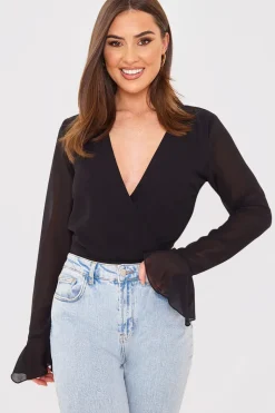 Wrap Front Flared Cuff Bodysuit