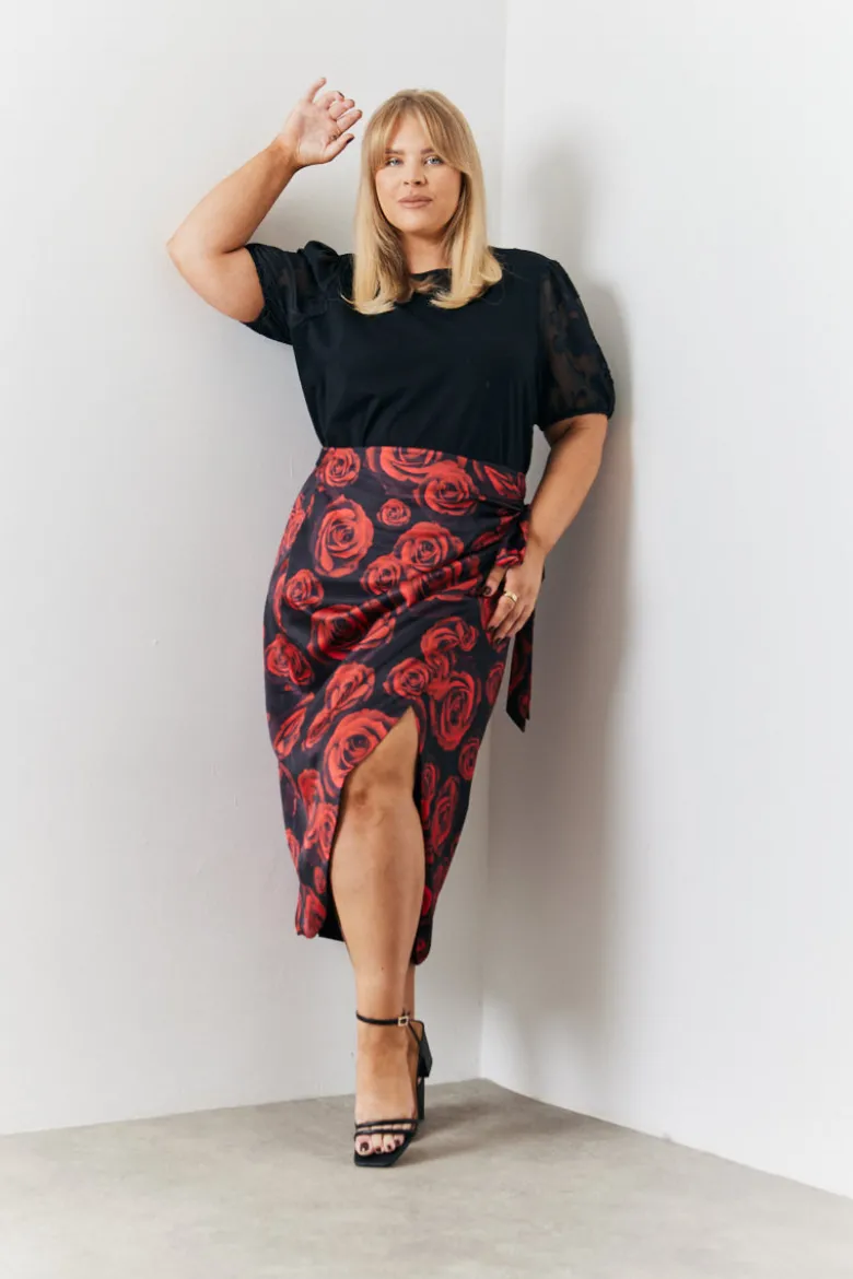 Wrap Front Rose Midi Skirt