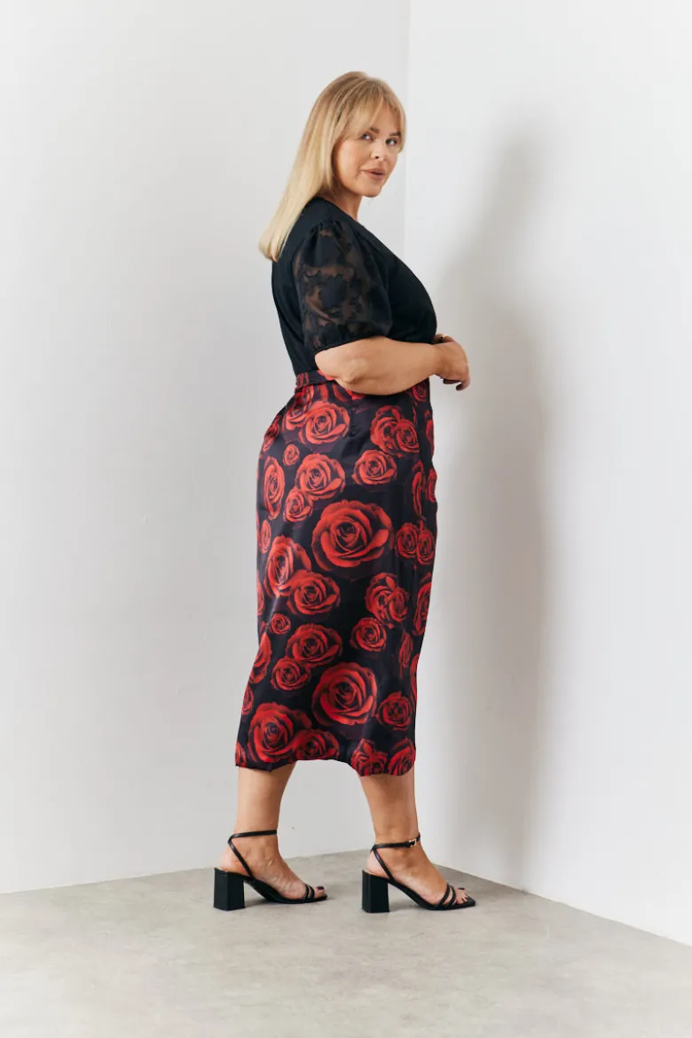 Wrap Front Rose Midi Skirt