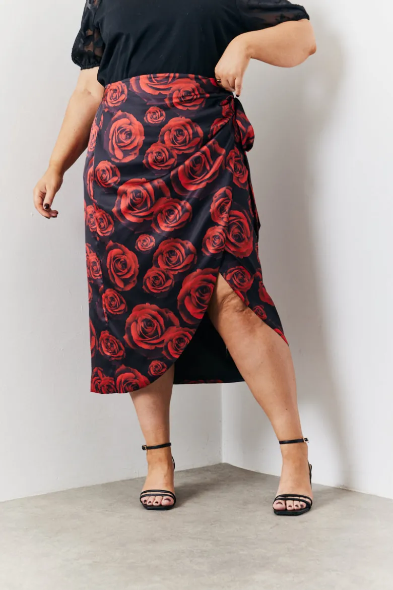 Wrap Front Rose Midi Skirt