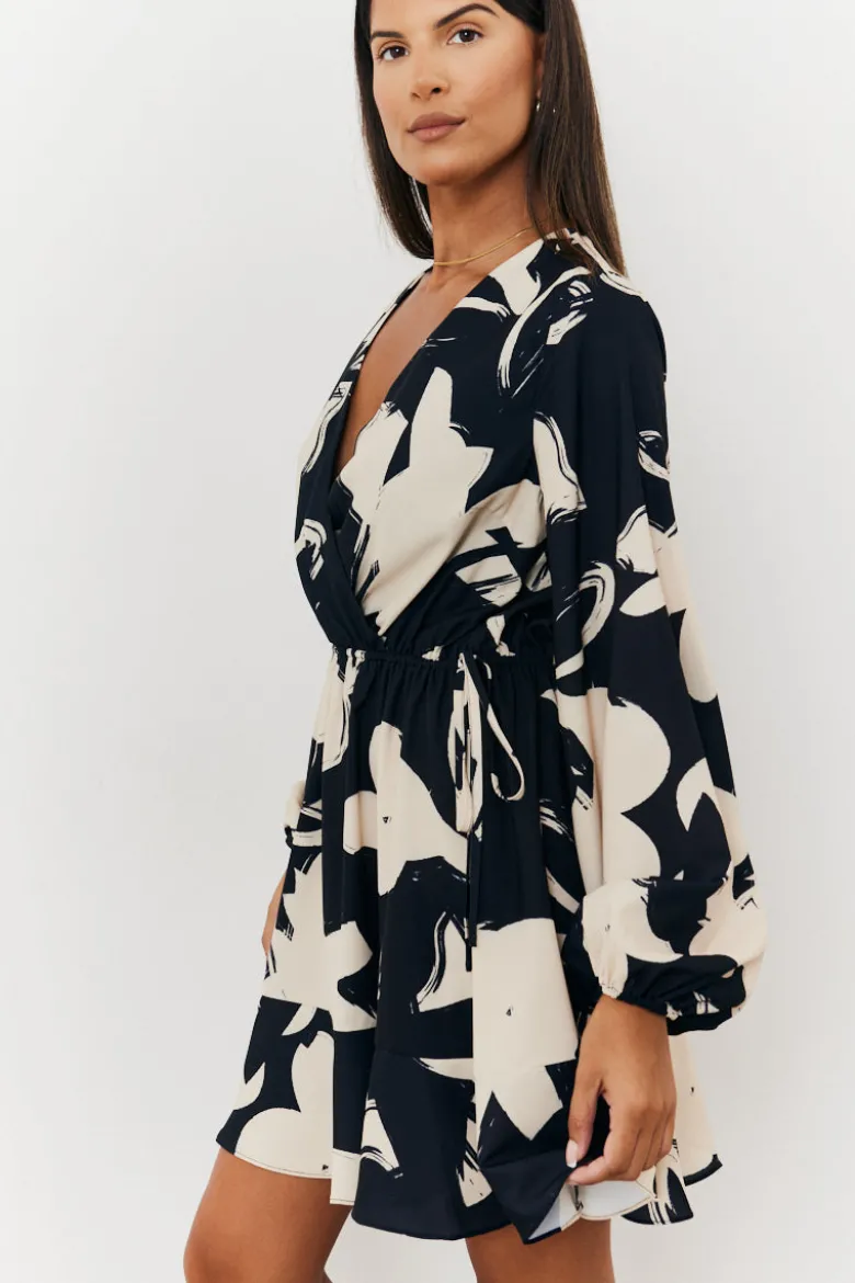 Wrap Puff Sleeve Mini Skater Dress