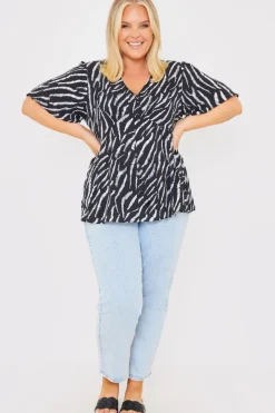 Zebra Plunge Button Front Blouse With Shirred Cuffs